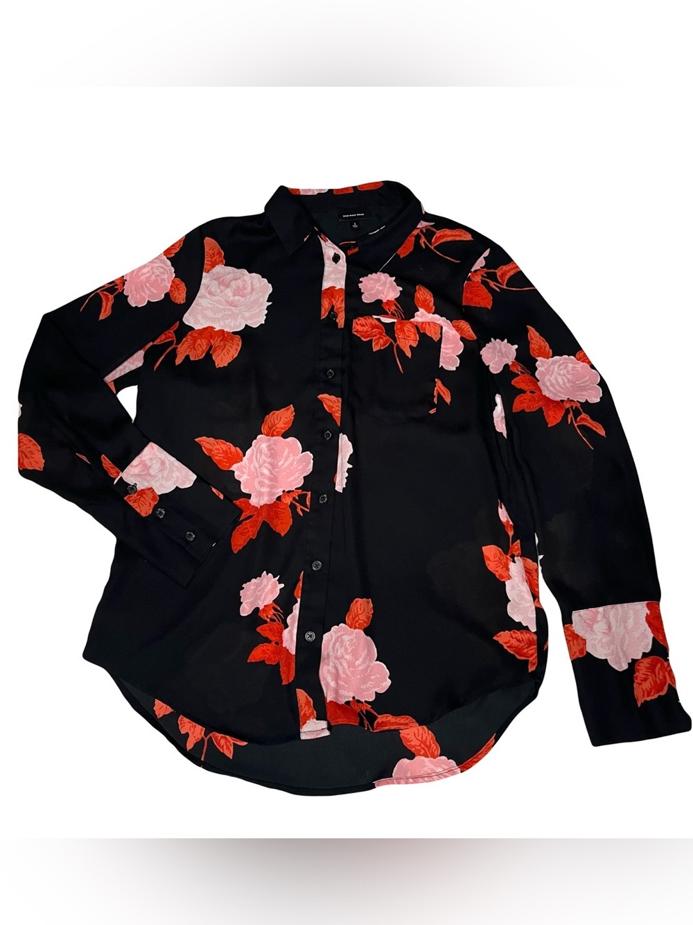 Who What Wear Black Floral Button-Up Shirt with Pink & Red Roses